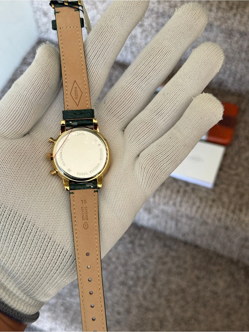 Fossil Dark Green Neutra Leather Strap Gold Crystal Bezel Chronograph Womens